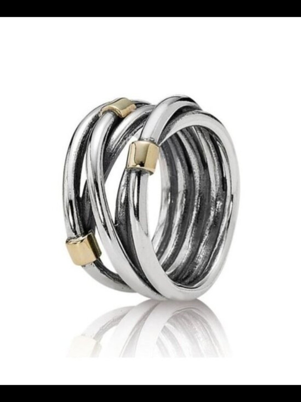 Pandora 925 Sterling Silver Rope Wide Band Ring with 14k Gold Accents Size 56